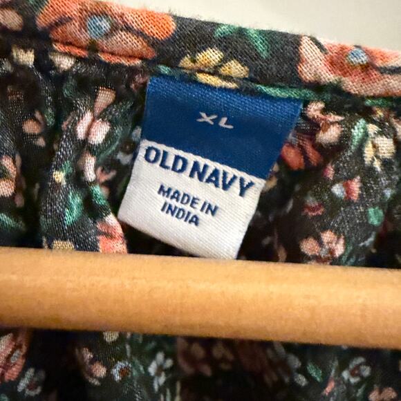 Old Navy Women’s Floral Button-Down Blouse Green Peach Ditsy Print Lace Yoke XL - Picture 2 of 7